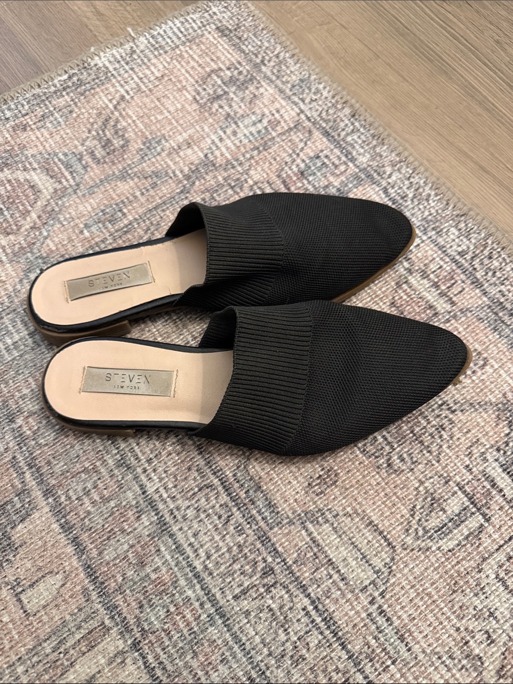 Steven Black Pointed-Toe Knit Mule Flats
